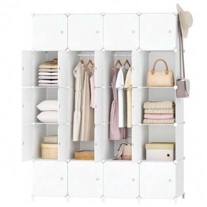HOOBRO Kleiderschrank Garderobenschrank Modularer Kunststoffschrank mit 20 Würfel Steckregalsystem mit Türen und Kleiderstange 2 Hakenreihen 145 x 46 5 x 183 cm Weiß EWT45LY01N1
