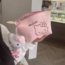 SANRIO 新款麂皮刺绣猫耳化妆包，可爱便携大容量化妆包，粉色和棕色 - 查看 4