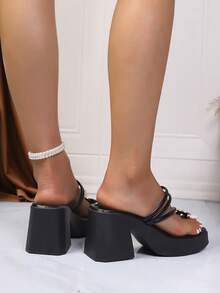 1双女士极简时尚厚底粗跟拖鞋，百搭高跟趾环套脚鞋，夏季新品 - 黑色 - 查看 3