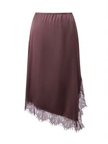 Women Lace Trim Satin Silk Midi Skirt Y2K Elegant Solid Color/Polka Dots Elastic Waist Irregular Hem Side Slit Bodycon Long Skirt Vintage A Line Going Out Skirts Party Club Beach Vacation Maxi Skirt Streetwear - 棕色 - 查看 7