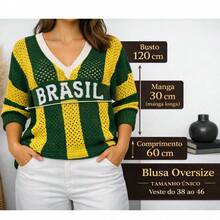 Women's Oversized Brazil World Cup Shirt Blouse In Perforated Knit With V-Neck - Màu vàng - Xem 3