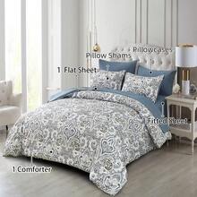 7 Pieces Paisley Comforter Set Queen King Bed In A Bag Comforter, Blue Boho Paisley Pattern Bedding Soft Microfiber Queen Size Comforter With Sheet & Pillowcase,Wedding Items,Valentines Day Home Bed Room Decor,Mothers Day Gift,All Season - Blue - View 6