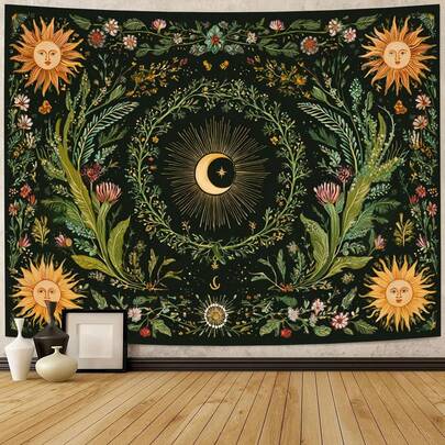 1PC Sun And Moon Tapestry Vintage Bohemian Style Wall Decor, Floral Mystery Natural Landscape Painting, Polyester Fabric Artwork, Suitable For Dormitory, Living Room, Party Decoration, Perfect For Adding Flair To Your Room