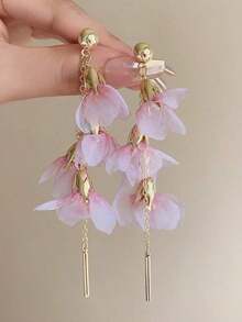 1 Pair Gauze Flower Metal Pendant Long Dangle Earrings, Casual Resort Fashion Beach Party Earrings For Women - 紫色 - 查看 5