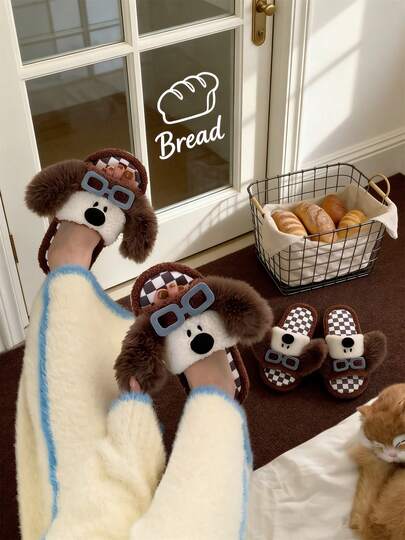 XIXITIAO Cute Glasses Puppy Plush Slippers, Checkerboard Bottom, Soft Sole, Comfortable Color Block Home Slides For Bedroom & Office
