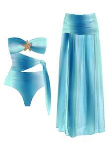 女士优雅性感条纹泳衣套装，包含长款纱笼裙，深浅蓝色相间，高弹面料，星形图案两件式泳装，适合海滩派对、娱乐和度假。浪漫时尚的设计，独特的休闲波西米亚风格，适合旅行和日常出行。 - 彩色 - 查看 2