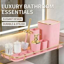 Bathroom Accessories Set, 9 Pieces Pink Bathroom Sets Complete With Toothbrush Holder, Trash Can, Lotion Soap Dispenser, Toothbrush Cup, Vanity Tray, Soap Dish, Toilet Brush, Qtip Holder For New Home Bathroom Accessories Bathroom Organizer Bathroom Decor Summer Back To School Storage - 粉色 - 查看 1