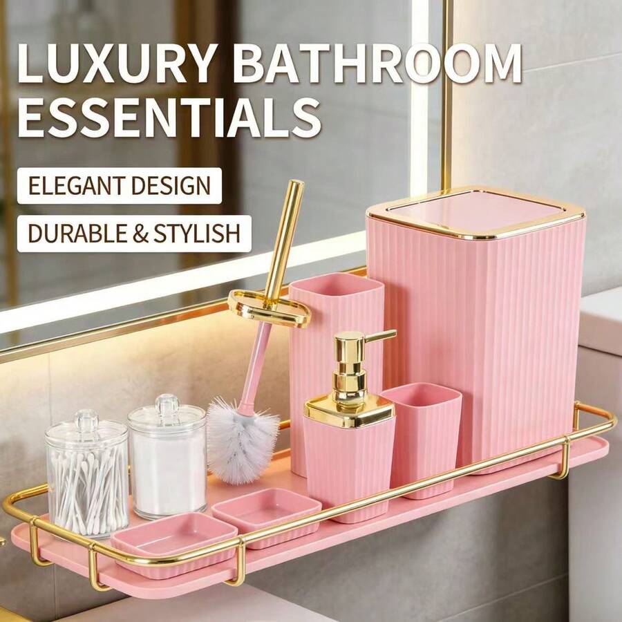 Bathroom Accessories Set, 9 Pieces Pink Bathroom Sets Complete With Toothbrush Holder, Trash Can, Lotion Soap Dispenser, Toothbrush Cup, Vanity Tray, Soap Dish, Toilet Brush, Qtip Holder For New Home Bathroom Accessories Bathroom Organizer Bathroom Decor Summer Back To School Storage - 粉色 - 查看 1