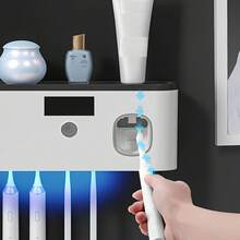 Giá đỡ bàn chải đánh răng thông minh 1 chiếc, giúp sắp xếp bàn chải đánh răng trong phòng tắm, tích hợp bộ phận phân phối kem đánh răng tự động. Thiết kế treo tường, 5 khe đựng, làm bằng nhựa, sử dụng pin lithium sạc qua cổng USB. - Nhiều màu - Xem 9