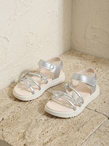 1 Pair Girls' Summer Fashion Sandals, Silver Multi-Strap Upper, Rhinestone Butterfly, Hook And Loop Closure, Suitable For Matching Outfits, Children's Casual Sandals - Silver - View 3