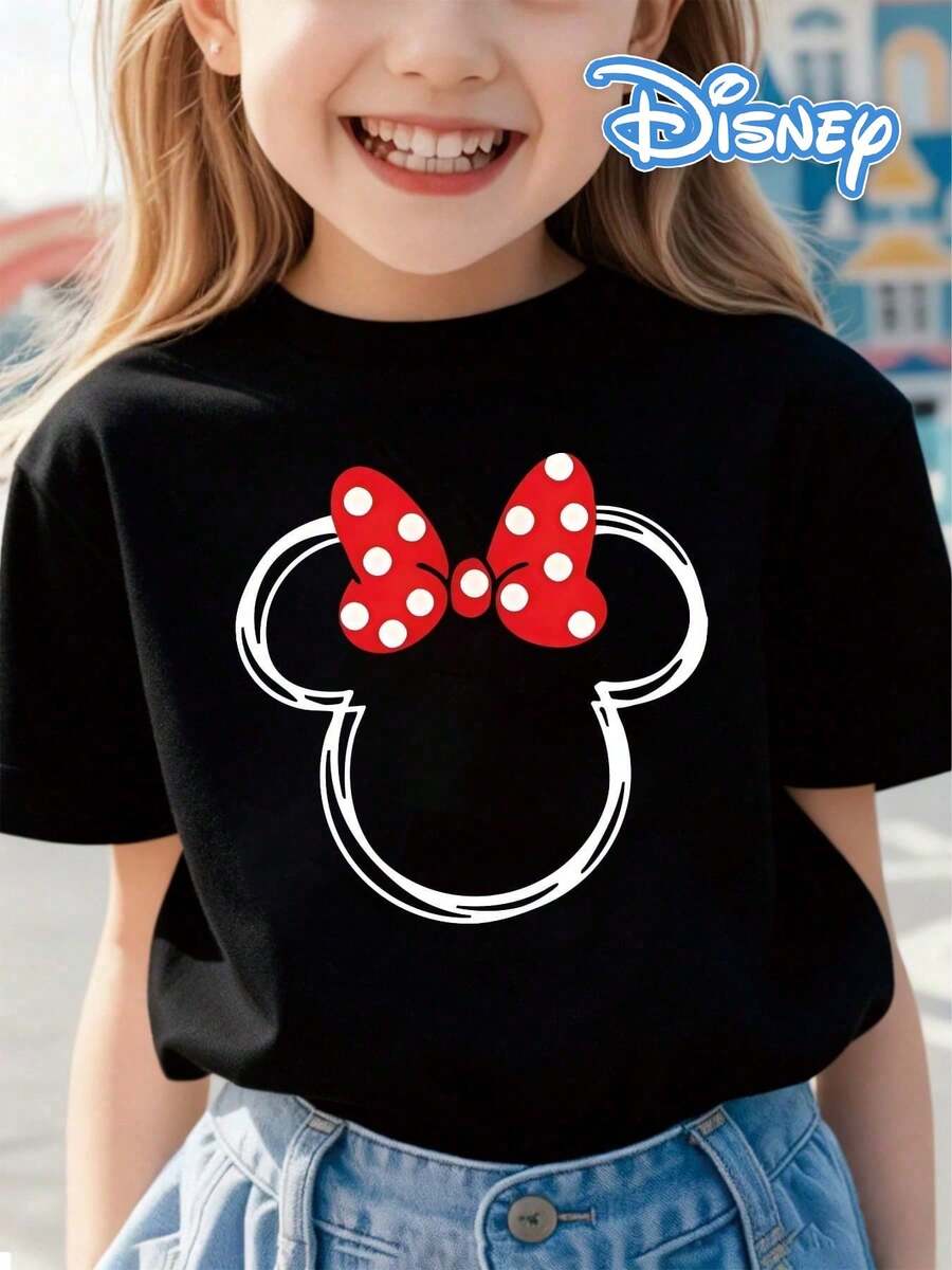 1pc Disney Minnie Mouse Minimalist Line Art Print With Classic Red Bow Tween Girl Casual Everyday T-Shirt, Comfortable & Versatile, Perfect For School & Hangouts - 黑色 - 查看 1