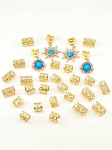 29个海洋风发圈，镶嵌蓝色水钻和太阳形状 - 优雅可调节合金发夹，适合女孩编发和扎马尾辫（度假风） - 金色 - 查看 2