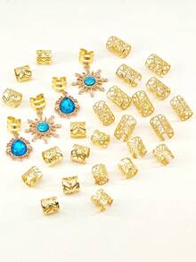 29个海洋风发圈，镶嵌蓝色水钻和太阳形状 - 优雅可调节合金发夹，适合女孩编发和扎马尾辫（度假风） - 金色 - 查看 4