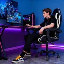 Gaming Chair With Headrest And Lumbar Support, Ergonomic High Back Office Chair, Racing Style Executive Computer Desk Chair, Leather Adjustable Swivel Task Chair For Home Office (White) - White - View 2