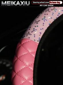 MEIKAXIU 1pc PU Leather 3D Embroidered Bowknot Bling Shiny Elastic Car Steering Wheel Cover, Women Car Accessories - Hot Stamping PU Leather Color-blocked Version - View 2