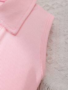 2pcs/Set Fashionable Solid Color Collar Knit Sleeveless Top + Solid Color Button Bow Floral Decor Loose Shorts, Casual Daily Wear For Teenage Girls In Summer - Pink - View 5