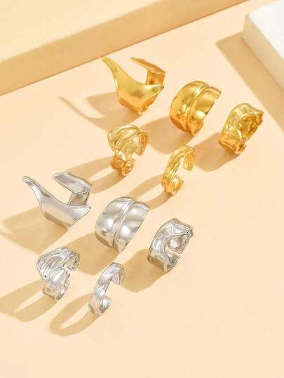 5pcs Geometric Asymmetrical Smooth Finish Ring Set, Thick Metal Feel Open Band Stainless Steel Rings, Waterproof & Fade-Resistant Jewelry For Women Daily Wear