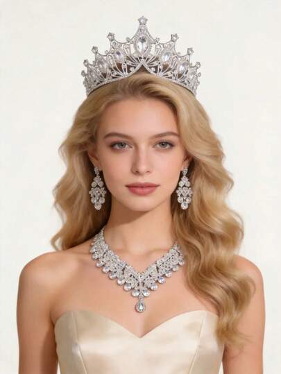 4pcs Baroque Style Bridal Jewelry Set, Includes Alloy Crown, Rhinestone Necklace And Earrings, Elegant Wedding Accessories Suitable For Brides, Birthdays, Costume Events