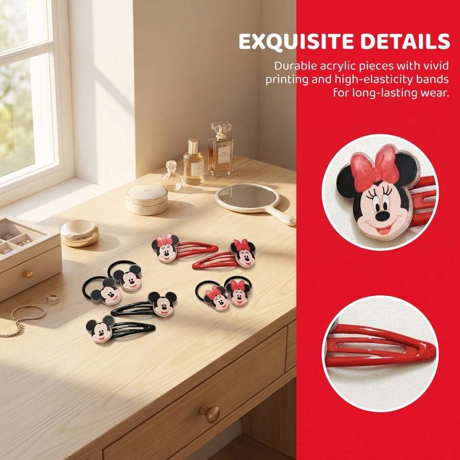 Disney 迪士尼米奇发饰套装 - 2/4 个可爱发圈和弹簧夹，适合日常佩戴、派对礼物和收藏纪念品，夏季、假日、旅行必备 - 彩色 - 查看 1