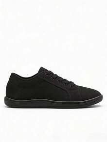 Black Low-Top Canvas Sneakers, Lightweight & Breathable, Wide Toe Box With Lace-Up Design, Casual Daily Wear For Men In Spring/Summer - Black - View 1