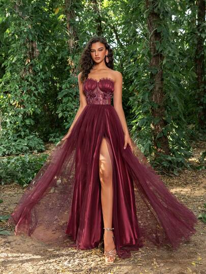 Faeriesty Elegant Strapless Formal Gown With Tulle Overlay & Ruched Bodice, High - End Sophisticated Design Featuring Back Lace - Up Detail, Flowy Tulle Train & High Slit – Ideal For Formal Evening Dinners, Wedding Guest Attire, Bridal Portraits, Red Carpet Events, Luxury Gala Occasions​ Party Spring