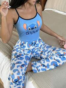 Disney 两件套女士字母卡通印花吊带背心和阔腿裤休闲家居服套装 - 彩色 - 查看 5