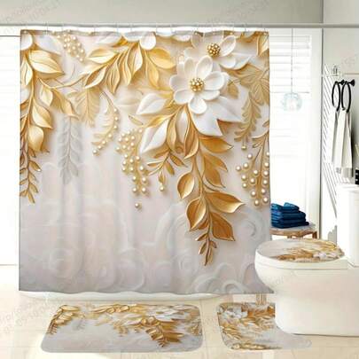 1/4pcs Floral Decorative Pattern Digital Printed Waterproof Shower Curtain, Toilet Seat Cover & Bath Mat Set - Made Of Polyester Fabric - Suitable For Modern Bathroom Decor - Fits All Bathroom Sizes - Perfect Housewarming Or New Home Gift