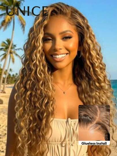  13x4 假发，预剪裁、预拔毛、预漂白，棕金色混合色，带蜂蜜金挑染，水波纹抽绳假发，轻松佩戴，适合所有头围，透明蕾丝，100%真人发，Unice Hair