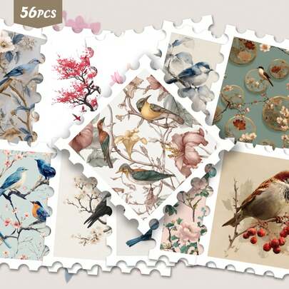 56 Stücke Vintage Vogel & Blumen Heilende Aufkleber Pack | Sanfte Vinyl Aufkleber mit eleganten Vogel- und botanischen Designs | Für Laptop, Wasserflasche & Geschenke | Für Natur- & Kunstliebhaber & Vibe-Enthusiasten