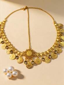 波西米亚风花朵水晶吊坠硬币链多层头饰，适合婚礼、派对、节日佩戴，也是送给朋友和女朋友的礼物。 - 金色 - 查看 9