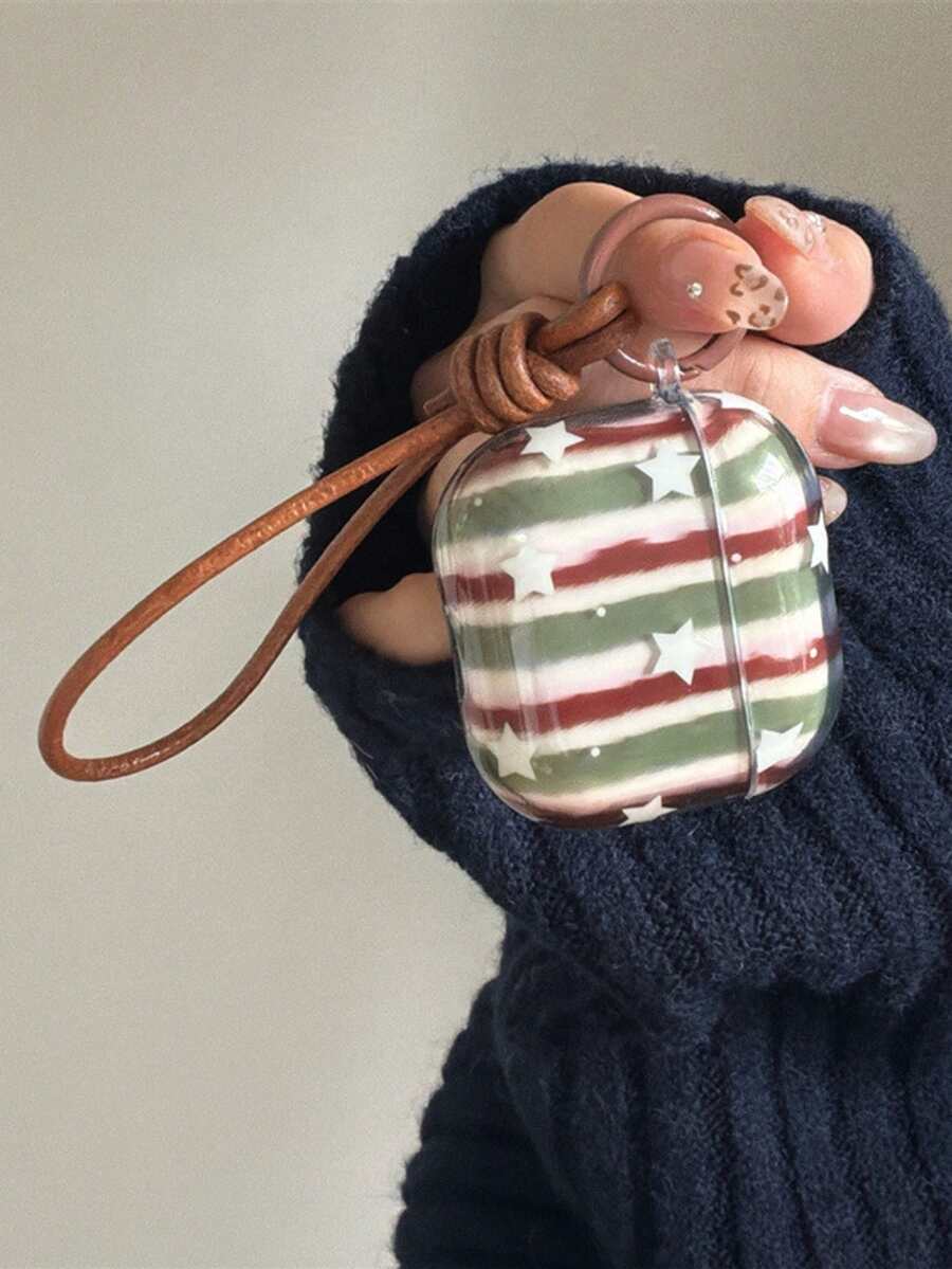 一套半透明绿红条纹星形耳机保护套，适用于苹果4/Pro 3，全新女士设计 - 彩色 - 查看 1