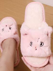 2026 Cross-Border Hot Selling Cute Cartoon Thick Warm Plush Soft Bottom Open-Toe Cat Slippers, Couple Style - Pink - View 1