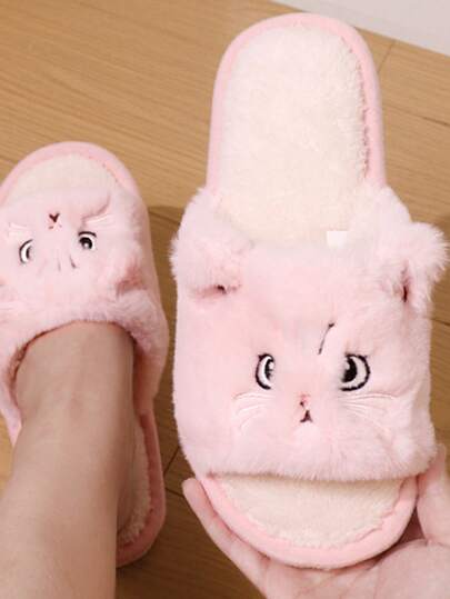 2026 Cross-Border Hot Selling Cute Cartoon Thick Warm Plush Soft Bottom Open-Toe Cat Slippers, Couple Style