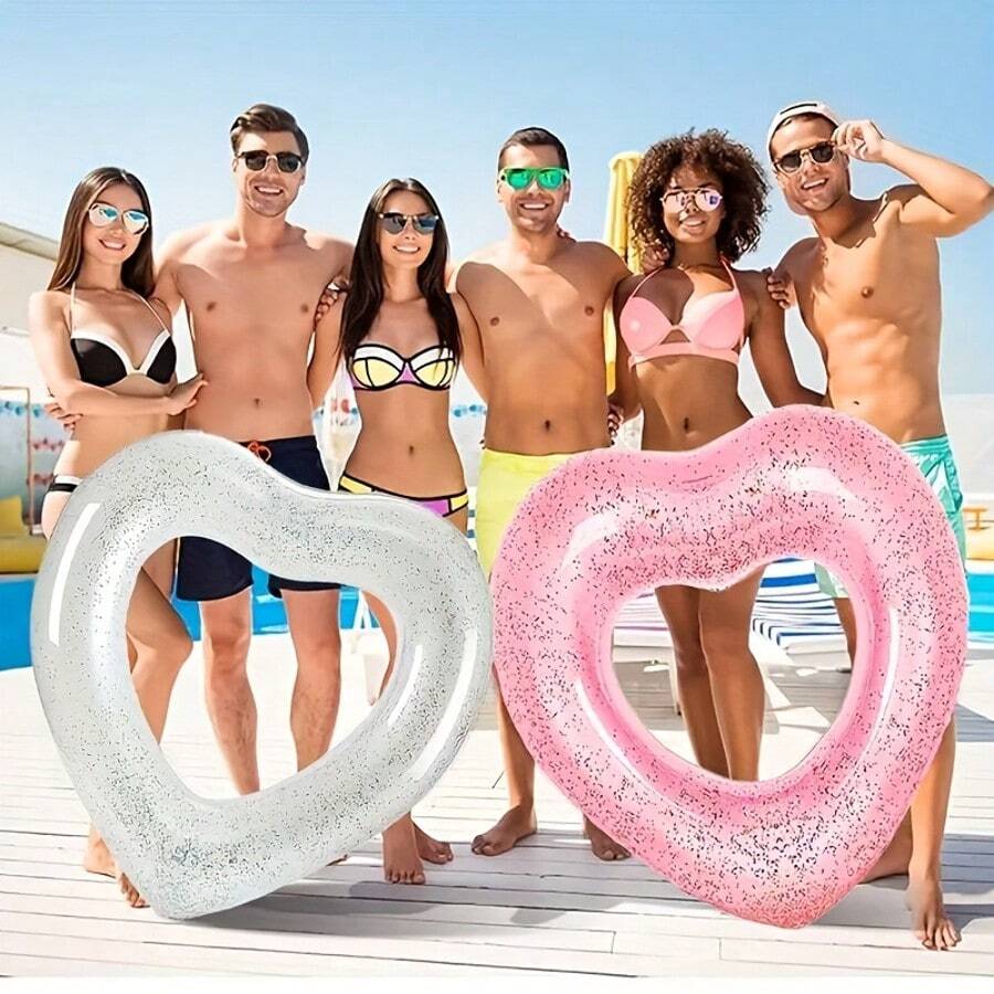 Anillo de natación con forma de corazón grande para adultos, cama flotante inflable gruesa, material de PVC duradero con diseño antifugas, flotabilidad estable y alta capacidad de carga, válvula de inflado y desinflado rápido para una configuración fácil, adecuado para piscinas, playas, lagos, ideal para fiestas en la piscina, vacaciones en la playa, fiestas de solteros, recreación acuática al aire libre