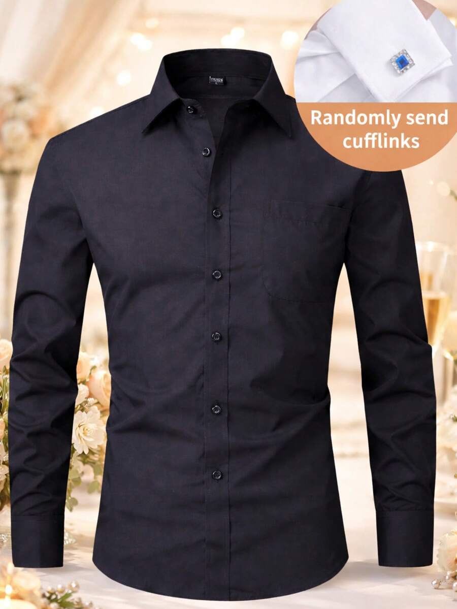 1pc Men's French Cuff Dress Shirt, Slim Fit For Formal Occasions, Weddings, Business Events (Random Cufflinks Included), Please Check Size Before Purchase