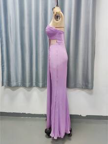 Mgiacy,New Arrival,Tube Top,Elegant,Bridesmaid Dress,Ruffle,Perspective,High Slit,Long Dress,FOR,Prom Wedding,Party Dress,Wedding Guest Dress,Evening Dress - Purple - View 2