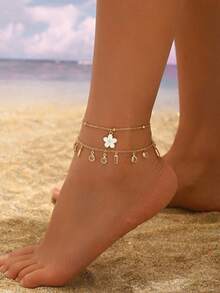 2pcs Bohemian Floral Round Crystal Pendant Anklet Set, Summer Beach Vacation Layered Fashion Anklet, Handmade Chain Can Be Cut To Length, Random Crystal Pendant - Multicolor - View 5