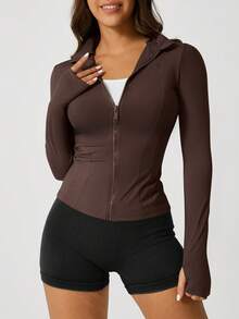 1pc Women's Fishbone Line Black Sports Jacket, Elastic Fitted Yoga Coat - Coffee Brown - View 4