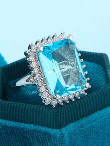 奢华花卉四爪方形浅蓝色几何戒指，女士合成立方氧化锆订婚礼物珠宝 - 白色 - 查看 4