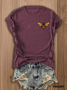 Women's Double-Sided Print T-Shirt, Support Local Bees Tee, Vibrant Bee Design, Soft Breathable Cotton Blend, -Friendly Casual Top For Nature Lovers, Outdoor & Vacation - 酒紅色 - 查看 2