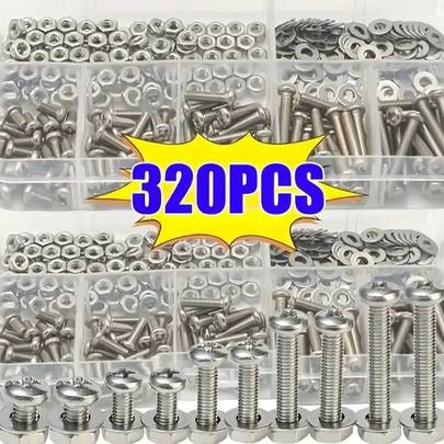 320pcs Stainless Steel SS304 Hex Nuts And Bolts Assortment Kit - M2 M2.5 M3 M4 M5 Metric Sizes, Multipurpose Hardware Set, Suitable For DIY Projects And Repairs