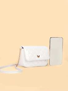 1pc Girls' Iridescent Glitter Quilted Plaid Chain Flap Crossbody Bag, Fashionable & Sweet For Daily Use - White Gloss - View 6