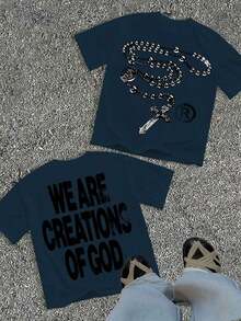 Unisex "We Are Creations Of God" Graphic T-Shirt, Double-Sided Rosary Cross Print 220G Cotton Y2K Streetwear Tee Y2K Dark Aesthetic Tee Breathable & Comfortable Cotton - 藏蓝色 - 查看 1