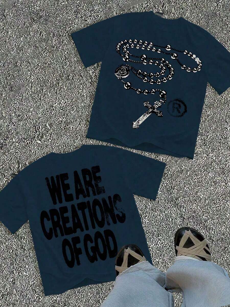 Unisex "We Are Creations Of God" Graphic T-Shirt, Double-Sided Rosary Cross Print 220G Cotton Y2K Streetwear Tee Y2K Dark Aesthetic Tee Breathable & Comfortable Cotton - 藏蓝色 - 查看 1
