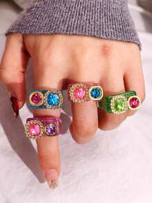 Bộ 4 chiếc nhẫn nhựa pha lê hình bánh macaron sang trọng, thanh lịch, phóng khoáng dành cho nữ, phù hợp với trang phục hàng ngày, lễ hội và tiệc tùng. - Nhiều màu - Xem 3