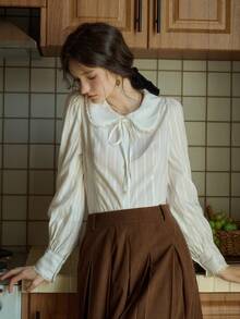 Women's Rayon Peter Pan Collar Long Sleeve Blouse With Tie Detail, Regular Length Top - White - View 6