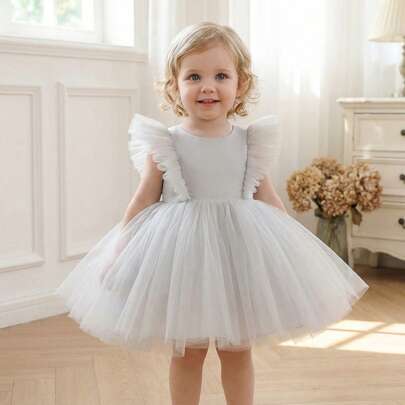 Baby Girls Cap Sleeve Gray Tulle Dress, Elegant Party Princess Dress, Suitable For Wedding, Birthday, Banquet, Formal Occasion
