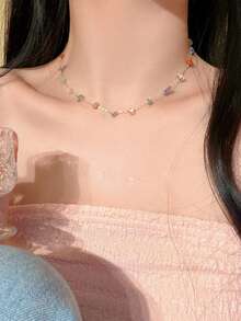 1件优雅甜美的夏季多巴胺色仿天然石项链，适合海滩、度假、婚礼、送朋友的礼物（多种颜色的石头） - 彩色 - 查看 1