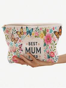 最佳妈妈印花灯芯绒化妆包，轻便旅行拉链化妆包，男女通用设计，洗漱用品收纳袋，加厚款，送给家人和朋友的最佳圣诞礼物，化妆品收纳整理包，洗漱包，化妆袋，旅行洗漱包，度假必备，女士旅行礼物 - 彩色 - 查看 1