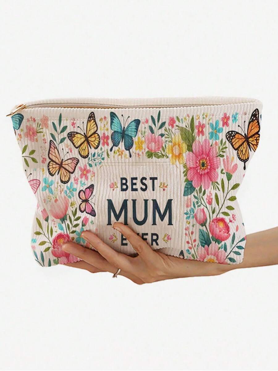 最佳妈妈印花灯芯绒化妆包，轻便旅行拉链化妆包，男女通用设计，洗漱用品收纳袋，加厚款，送给家人和朋友的最佳圣诞礼物，化妆品收纳整理包，洗漱包，化妆袋，旅行洗漱包，度假必备，女士旅行礼物 - 彩色 - 查看 1